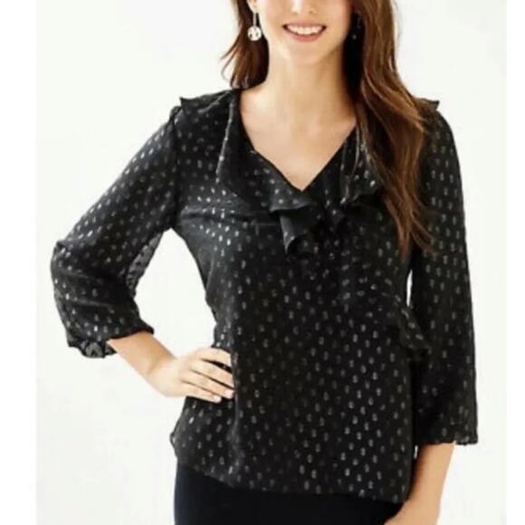 Lilly Pulitzer Olenna Silk Black Polkadot Moroccan Metallic Clip Blouse Small - Picture 1 of 8